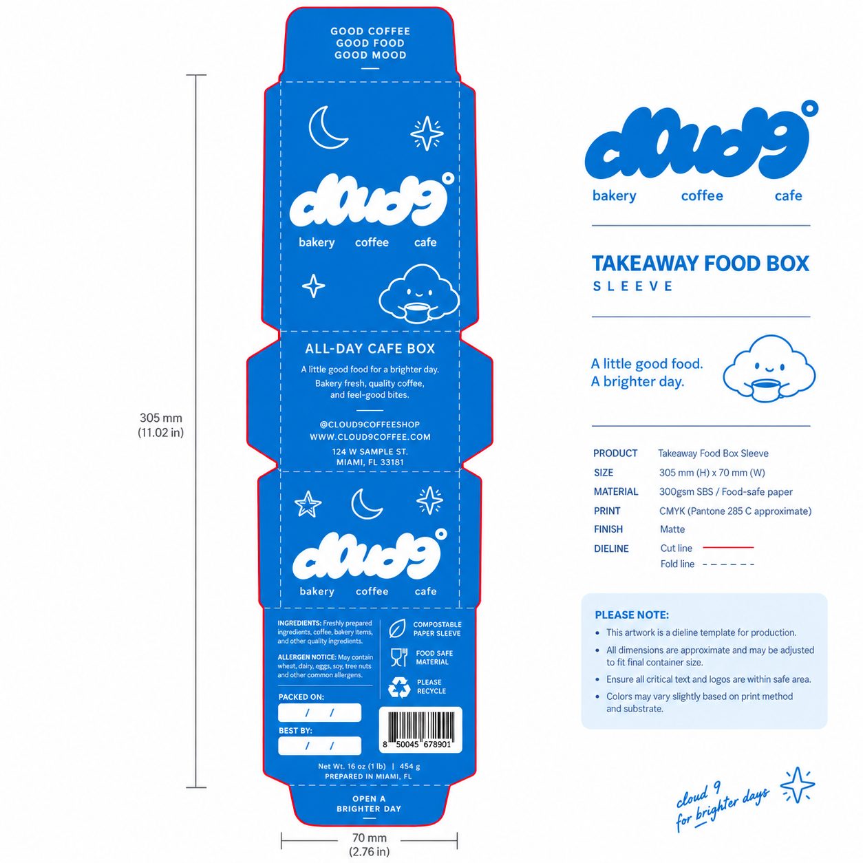 Cloud 9 takeaway box sleeve dieline
