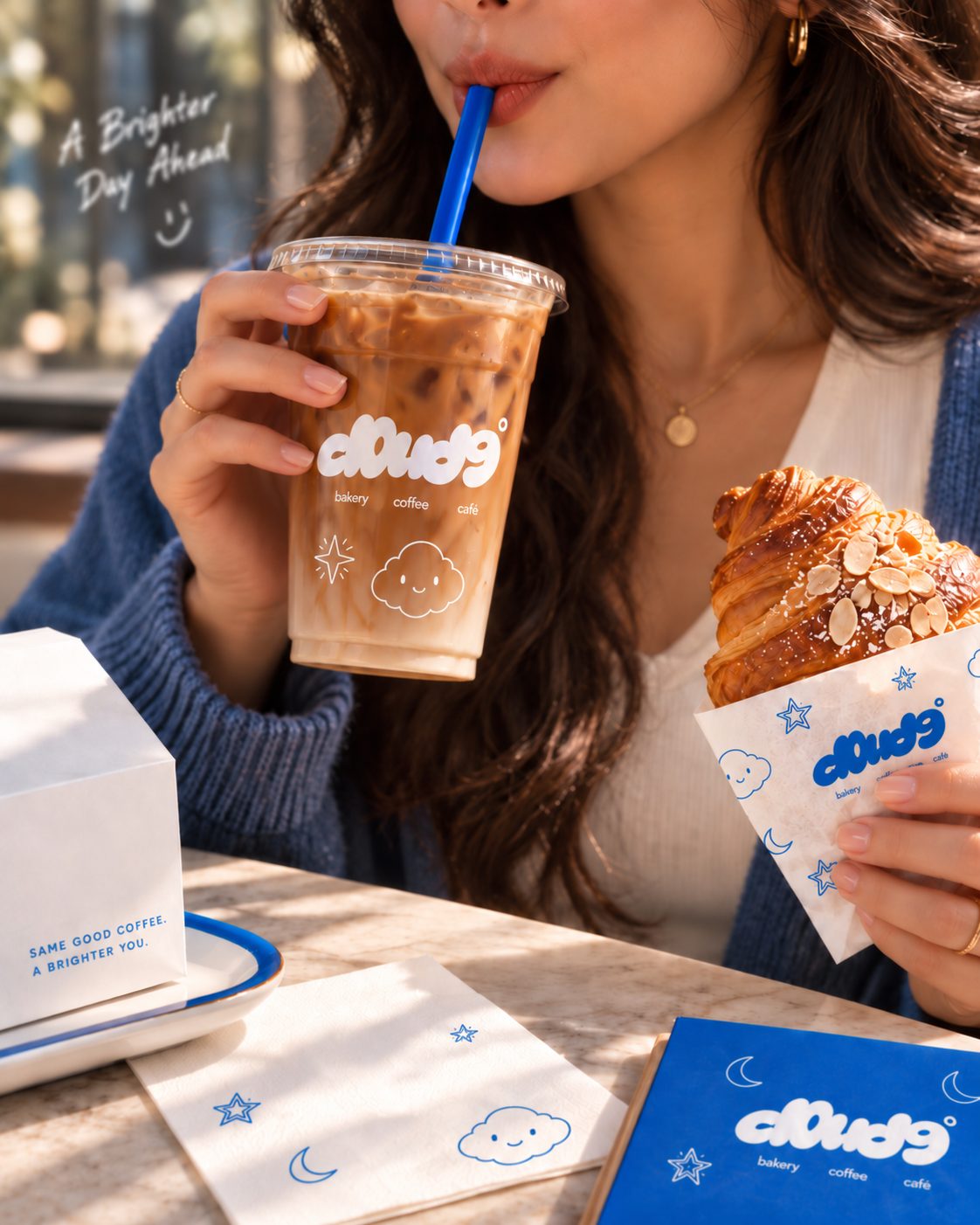 Iced latte in a Cloud 9 cup with an almond croissant