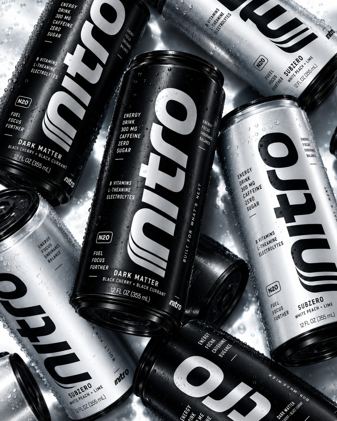 Black and silver Nitro cans