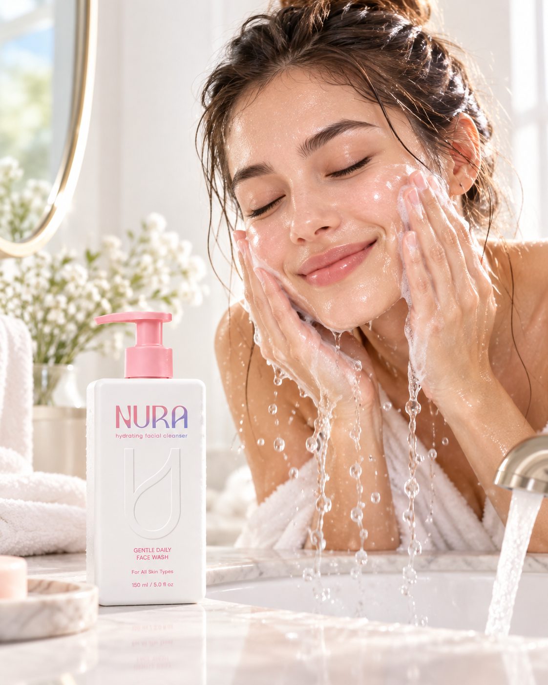 Woman washing her face next to a NURA bottle