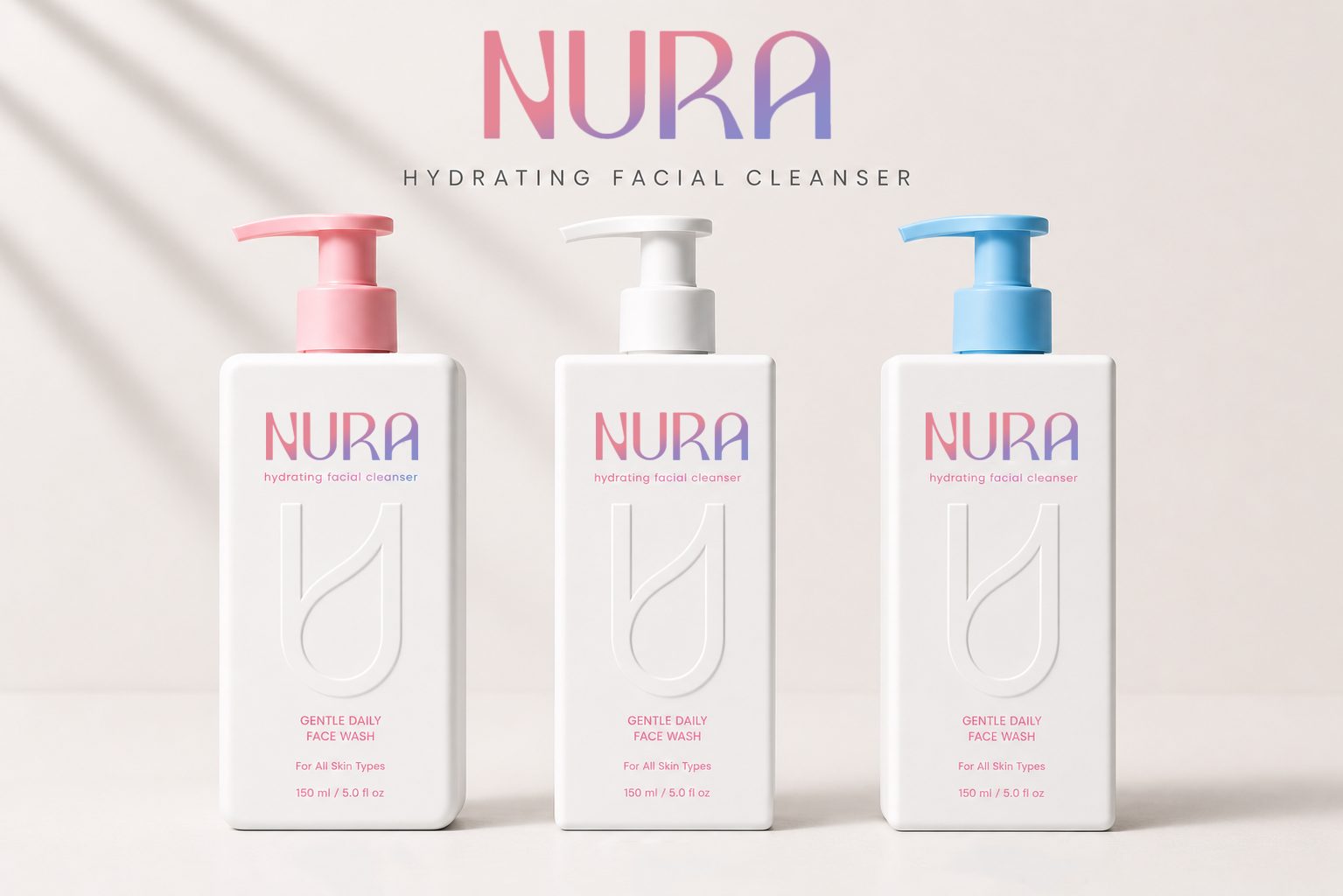 Three NURA bottles with pink, white, and blue pumps