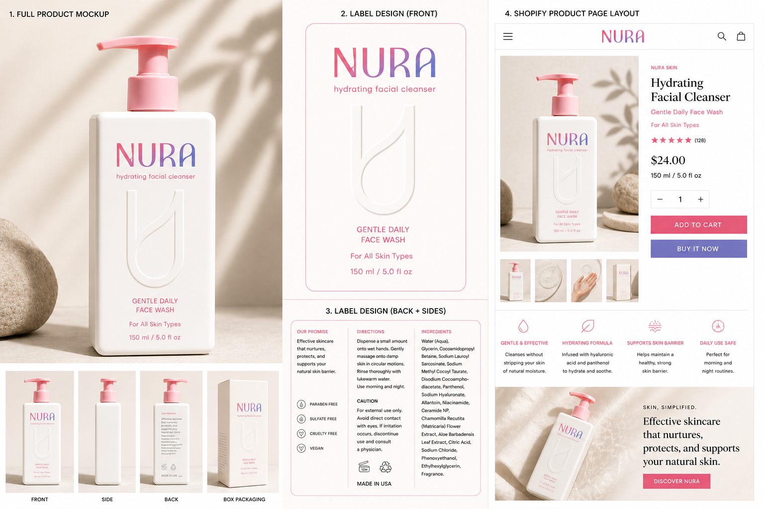 NURA label designs and e-commerce product page layout